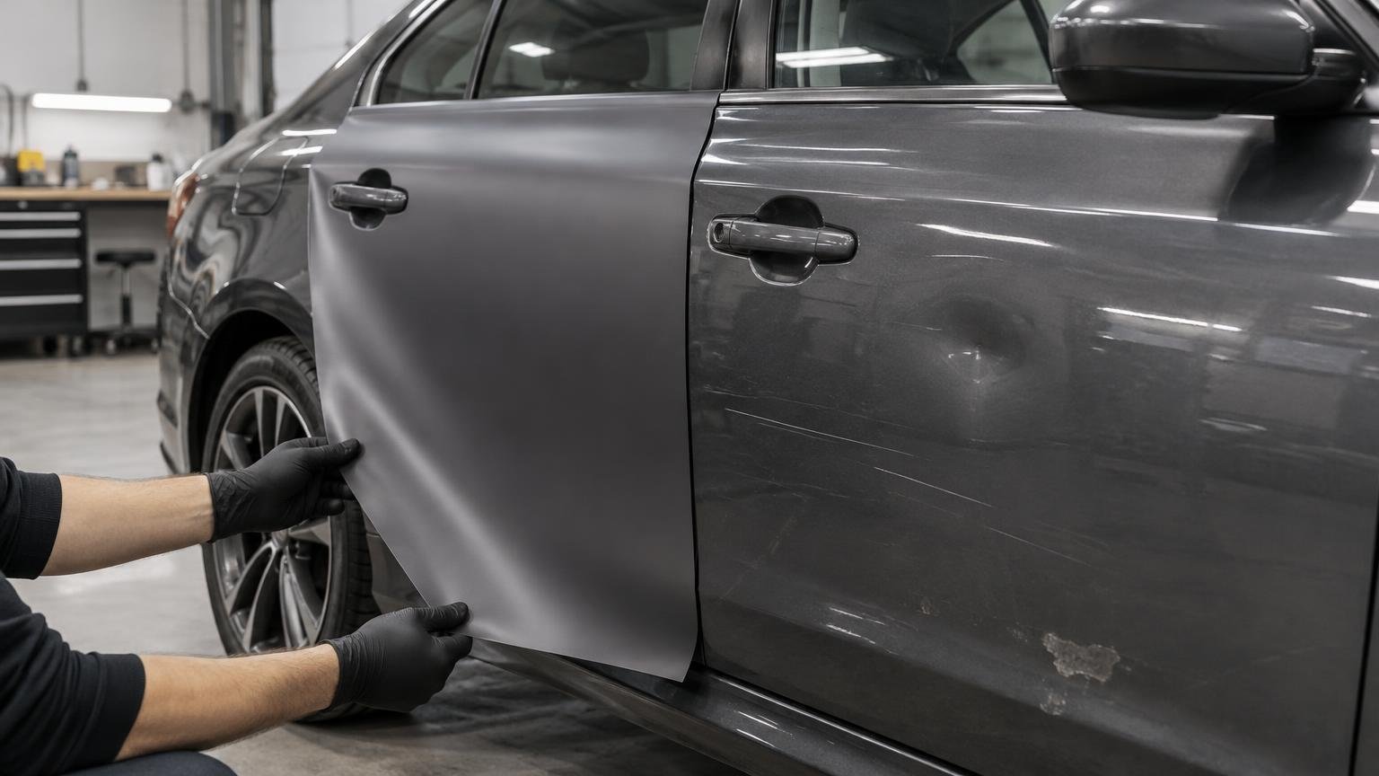 Gloved installer holds a sheet of matte gray wrap film against the scratched lower door of a dark gray sedan in a workshop.