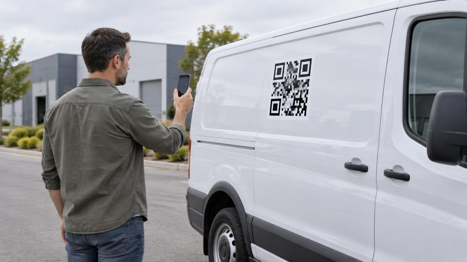 A man holds up a smartphone to scan a large black-and-white QR code decal on the side of a white work van parked outside an industrial building.