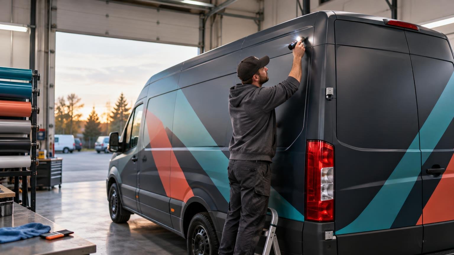 Technician on a small step ladder applying or smoothing a dark geometric vinyl wrap on the side of a high-roof cargo van inside a workshop, with rolls of colored wrap material at left.