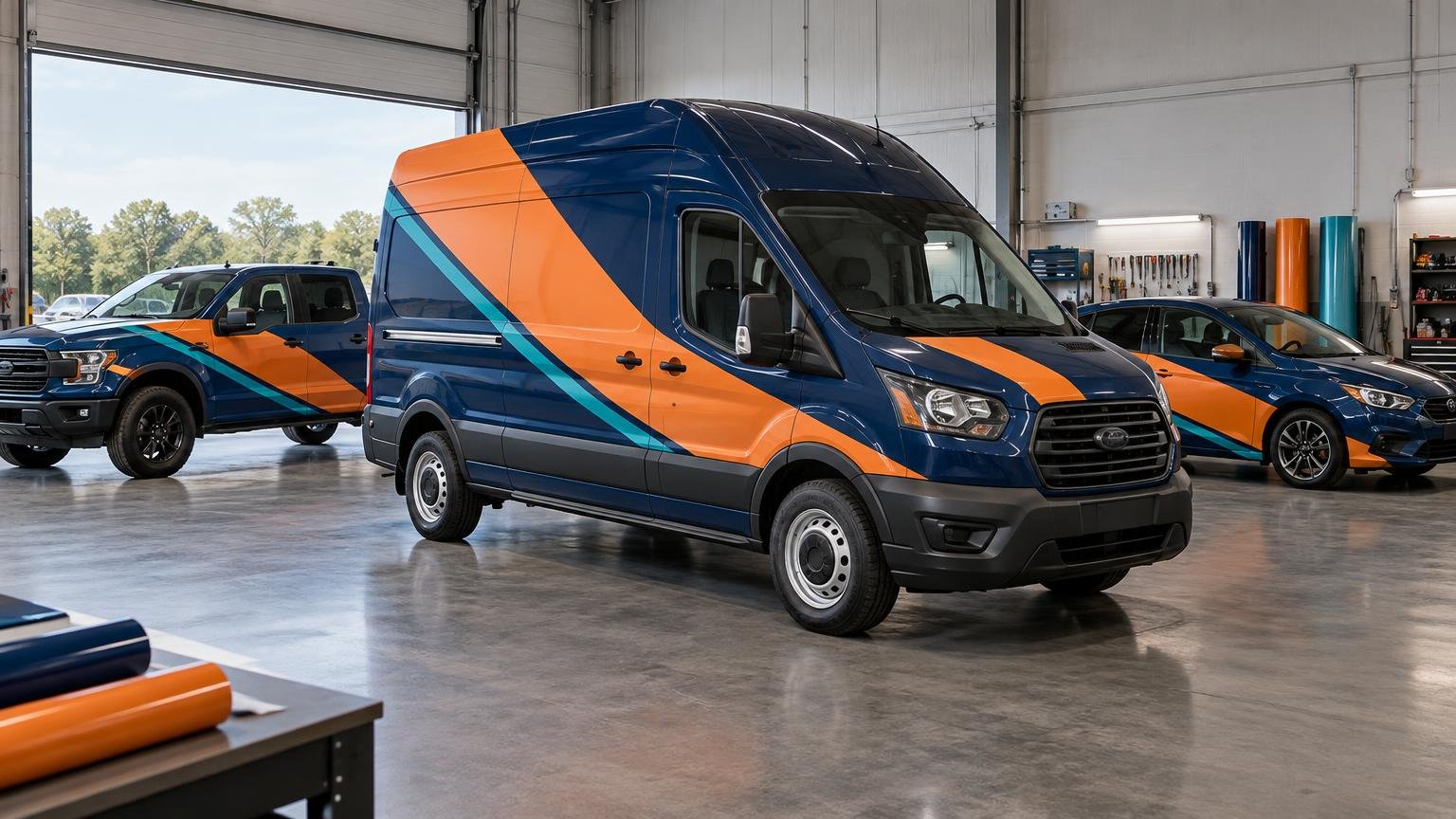 Three blue fleet vehicles—a high-roof cargo van, pickup truck, and compact car—parked in a wrap-installation workshop, each carrying matching orange and teal diagonal graphics; rolls of colored vinyl and tools are visible nearby.