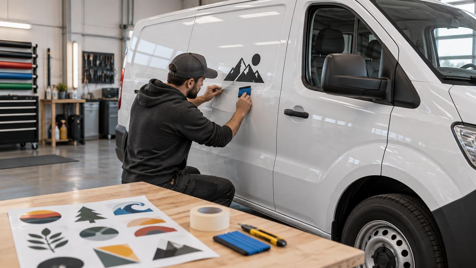 Technician applying a black mountain-and-sun decal to the side of a white cargo van in a wrap shop, with colorful sample decals and installation tools on a worktable in the foreground.