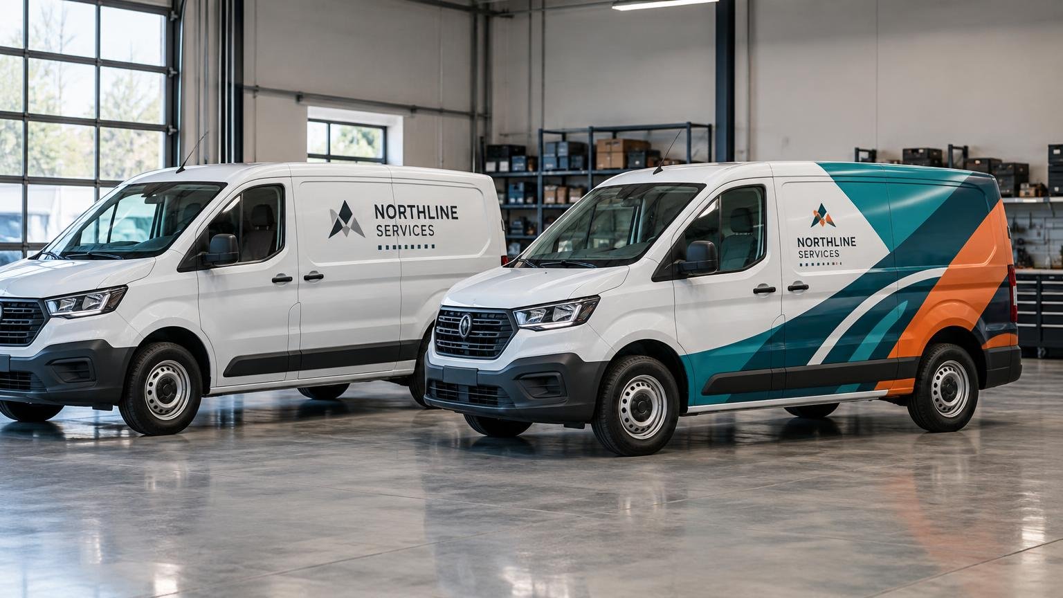 Two white service vans parked in a bright workshop, contrasting simple side lettering with a teal, navy, and orange full-vehicle graphic wrap.