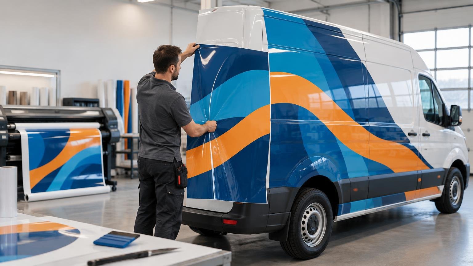 Technician applying a blue and orange printed vinyl wrap panel to the side of a white cargo van in a print workshop, with a wide-format printer and matching graphic roll behind him.